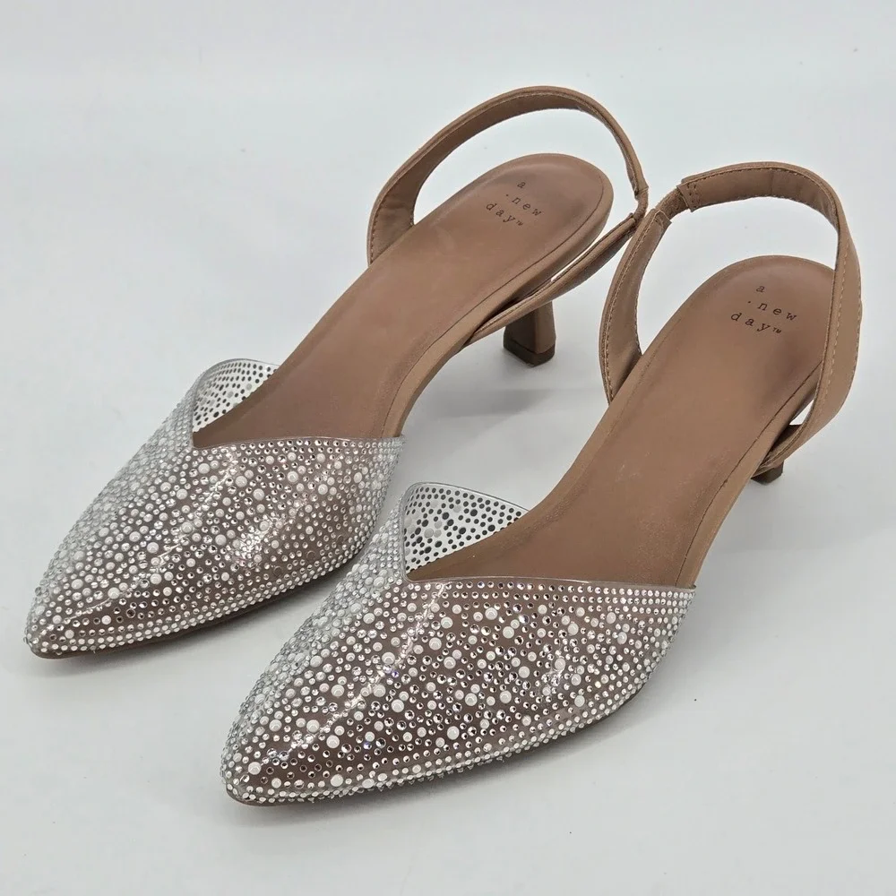 A New Day Rhinestone Mesh Slingback Kitten Heels Nude Neutral Wedding Prom 11